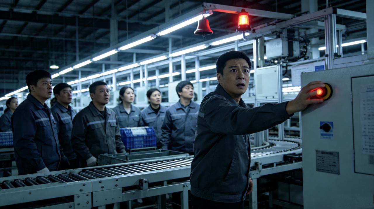夜班，装配线突然停了。故障铃响彻车间，所有人都看向新来的阿强——他刚碰了急停按钮