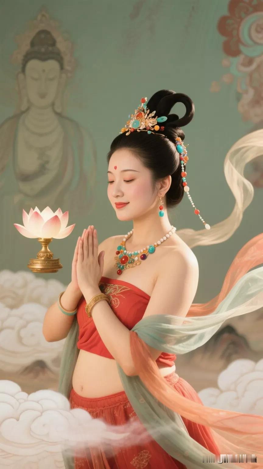 🌸静心禅意，莲花盛开，感受内心的宁静与美好。张立启原创书画AI作品古仕女发髻