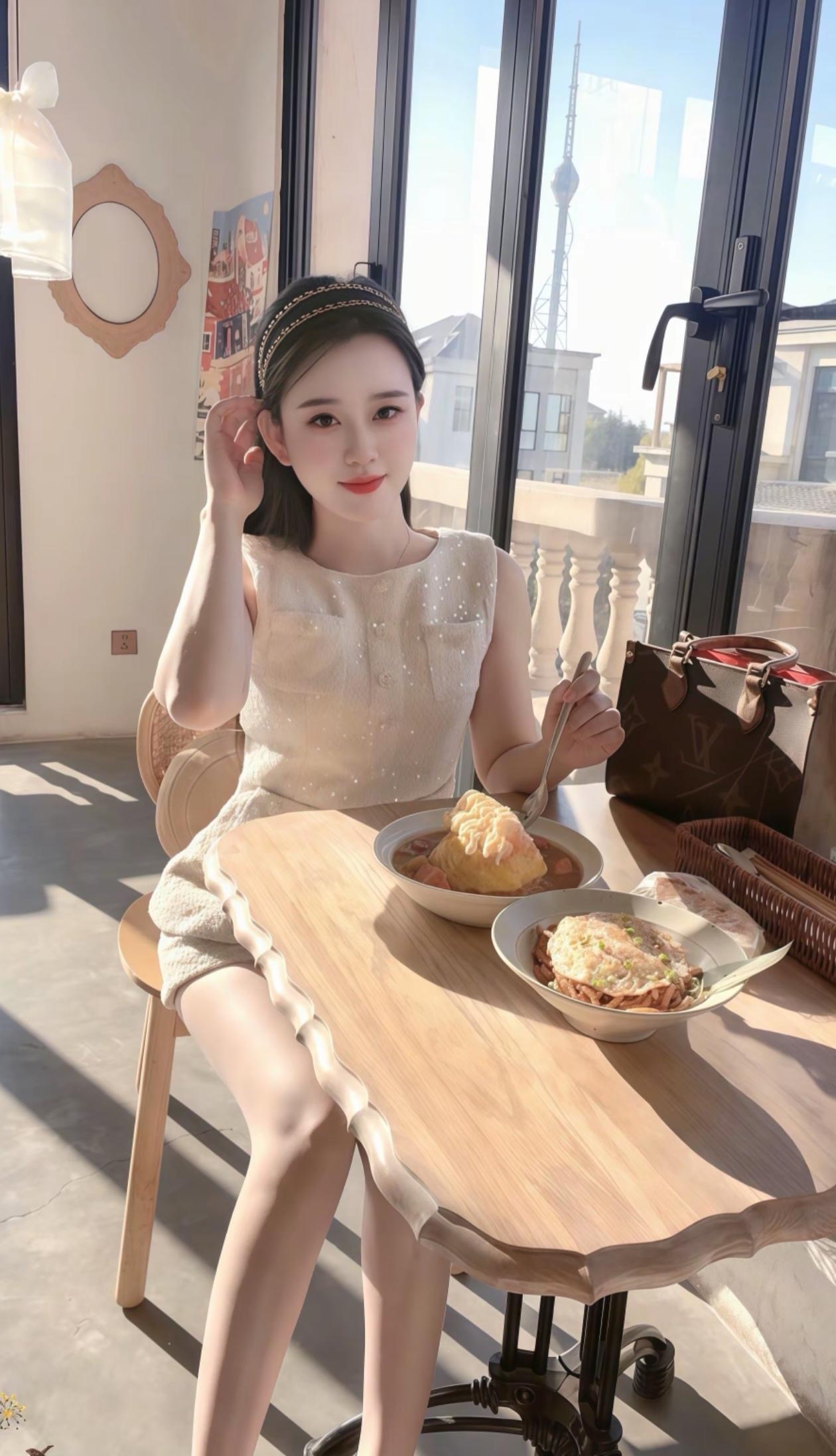 闪亮闪亮的美女在吃早点