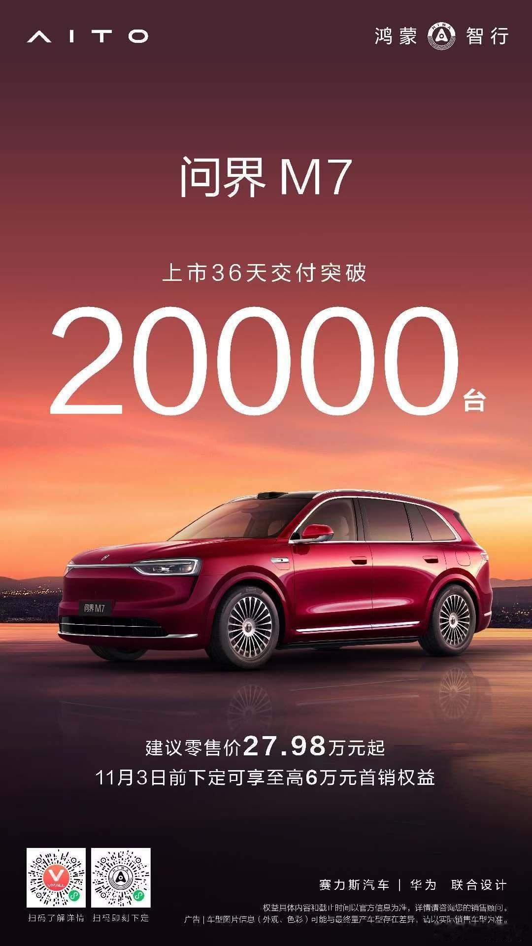 全新问界M7上市36天交付突破2万，稳[赞]11月单月交付能否突破3万？全新问界