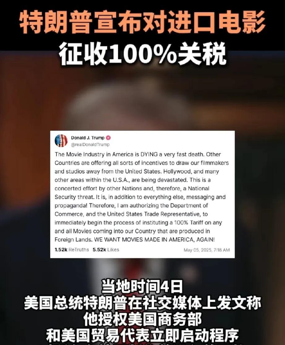 美国对进口电影征收100%的关税，理由是外来电影重创好莱坞在内的美国电影，导致从