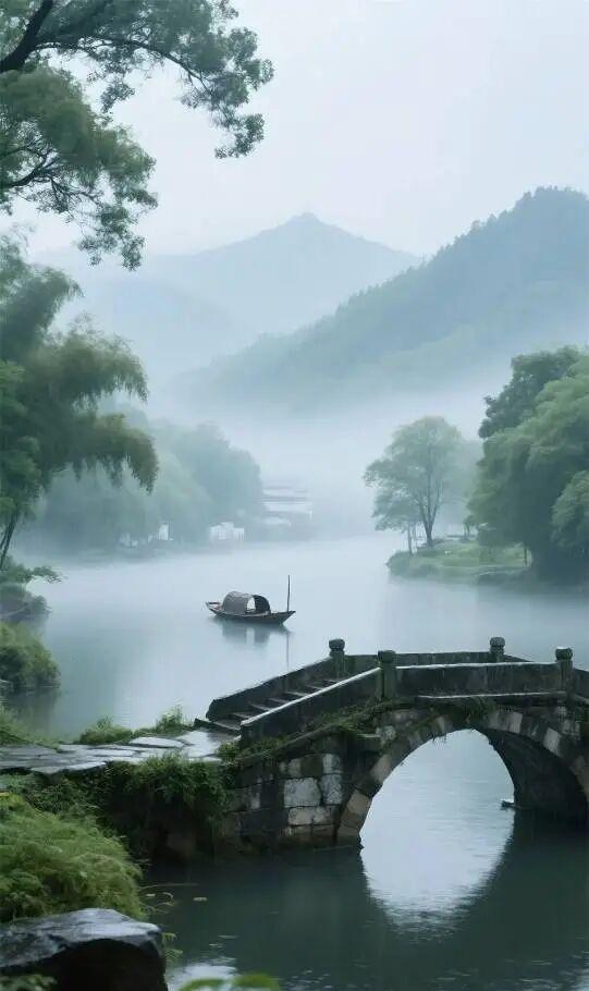江南的雨，斜斜织在水乡的青石板上。乌篷船从石拱桥下摇出，柳丝垂落沾了雨珠，白墙黑
