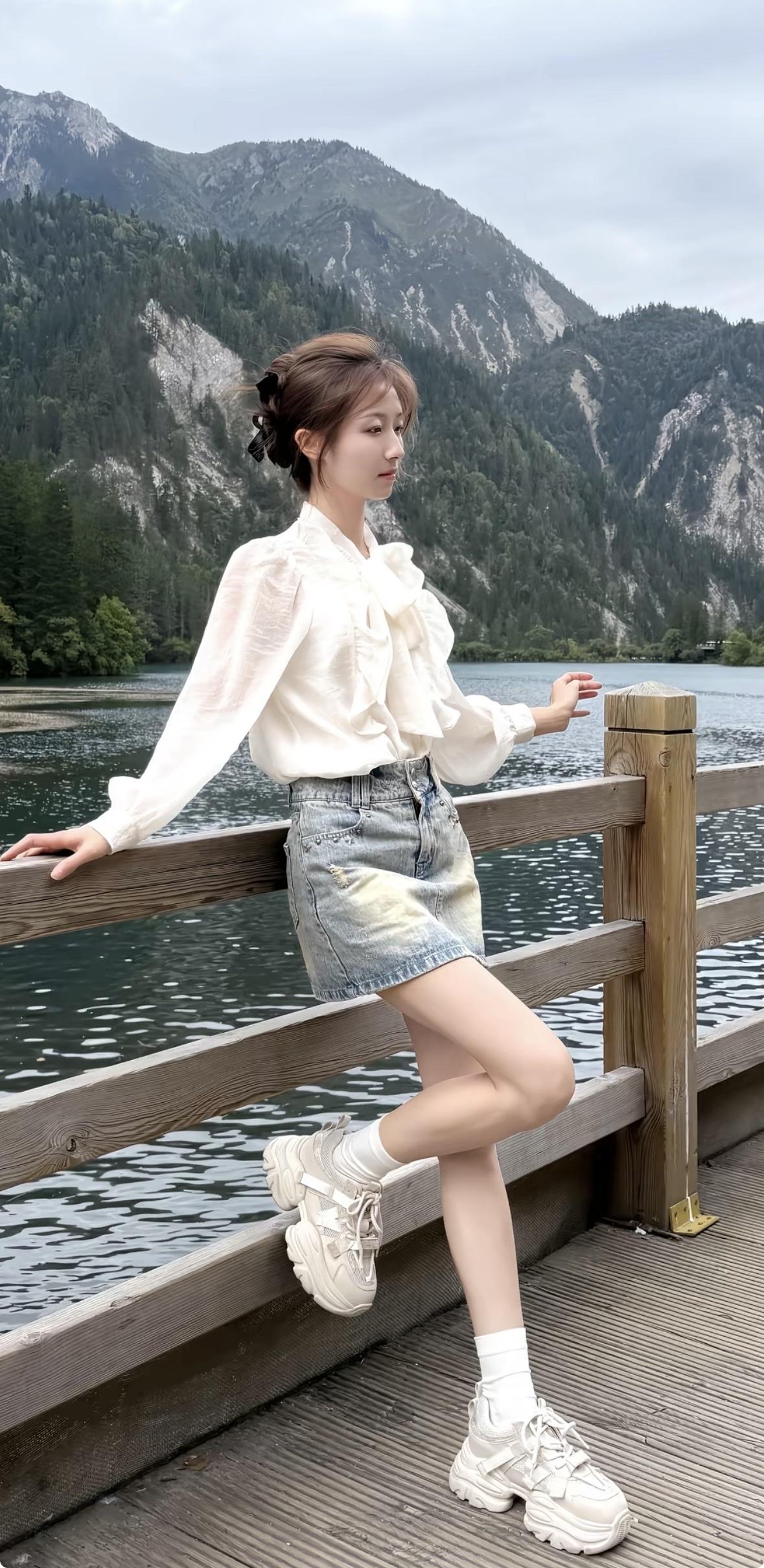 湖边漫步，清新穿搭，自然风光，轻松惬意。