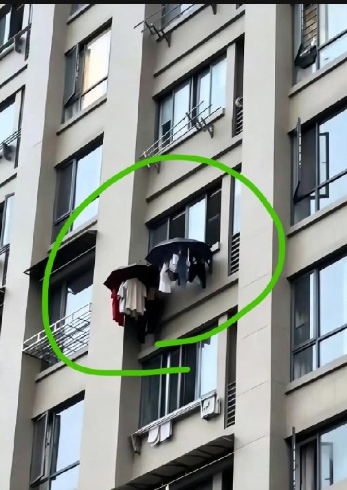 你说这户主到底是真聪明，还是聪明反被聪明误呢？在自家窗户上方撑把伞晾晒衣服