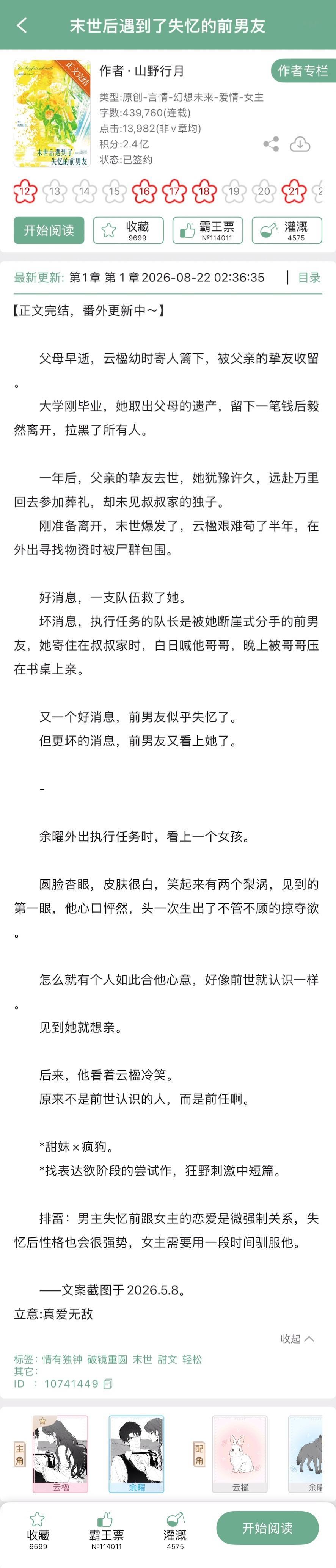 山野行月的《末世后遇到了失忆的前男友》完结啦！末世➕破镜重圆，甜妹x疯狗