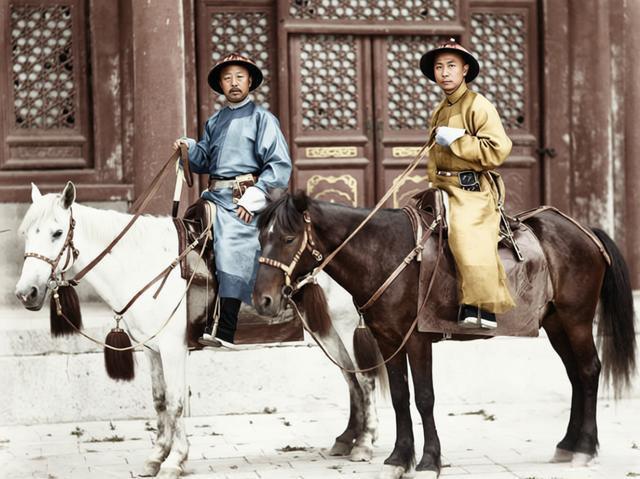 这张老照片拍摄于清末约1888年左右，地点很可能在北京醇亲王府南府。照片中两人骑