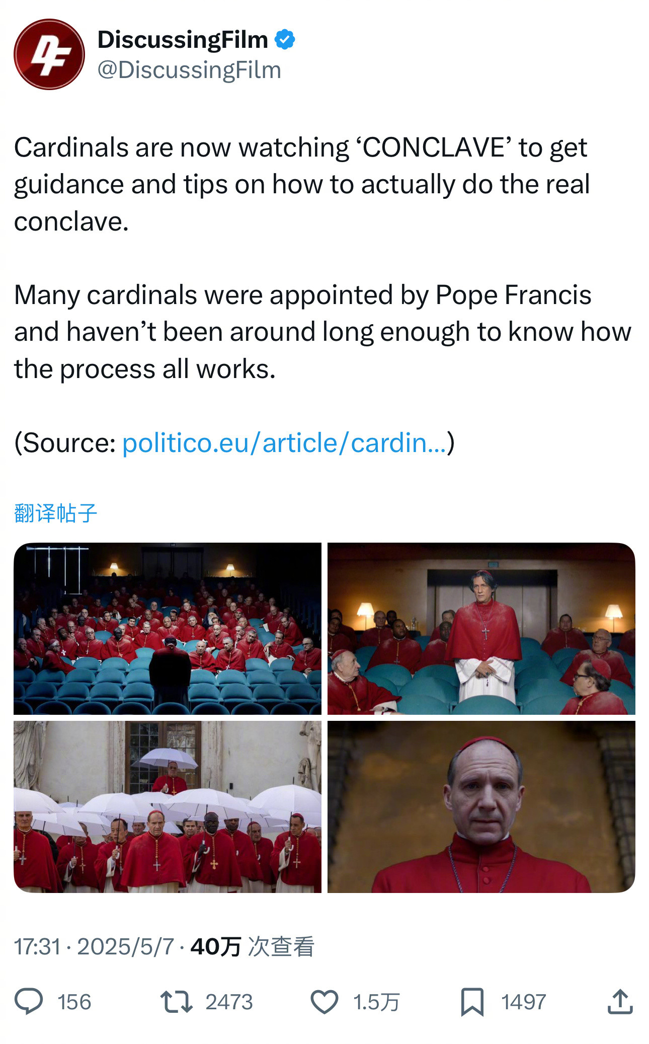 据报道，枢机主教们在看电影《秘密会议》CONCLAVE以获取如何进行真正教宗选举