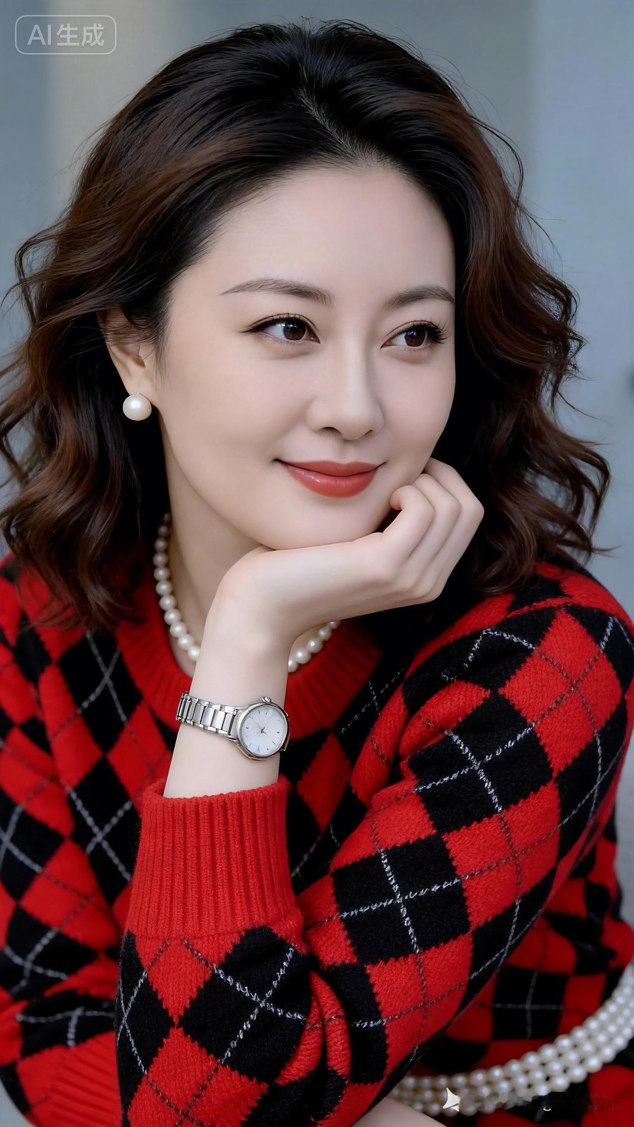 优雅红黑格纹毛衣，搭配珍珠耳环，尽显知性美！💄👗💍