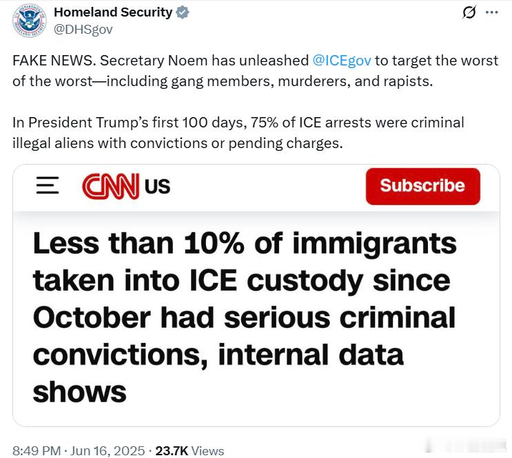 美国土安全部：CNN报道的是假新闻！诺姆部长下令移民与海关执法局(ICE)针对最