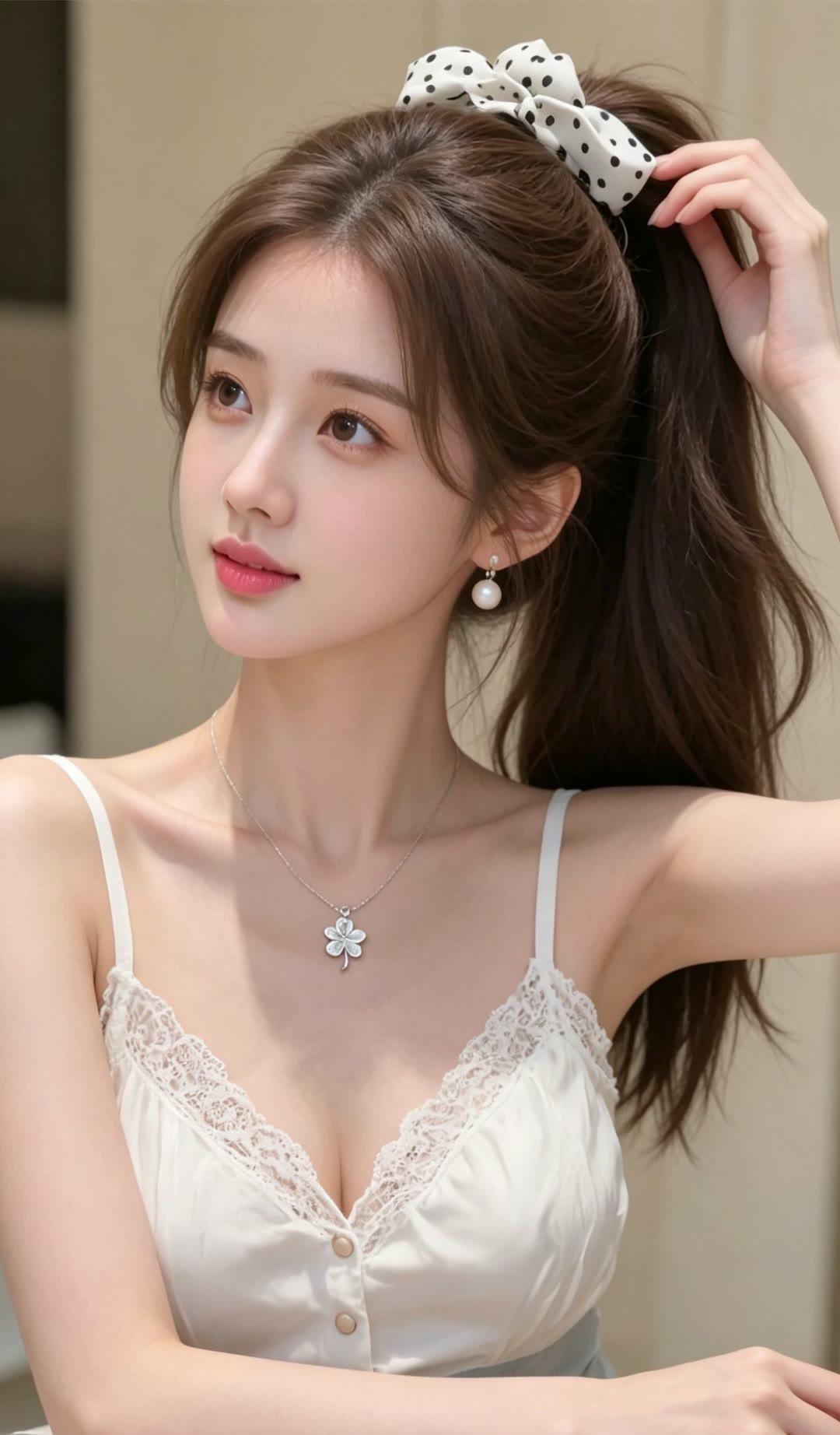 甜美少女风，白色蕾丝吊带裙，珍珠耳环，清新自然