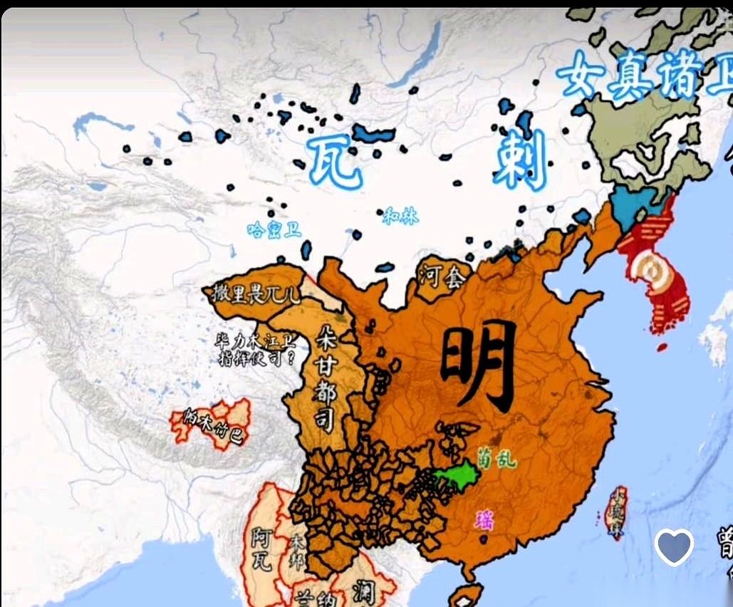 按照同样的实控标准去衡量，明朝上方的蒙古部落在图上其实就只剩一个个小蓝点。这些