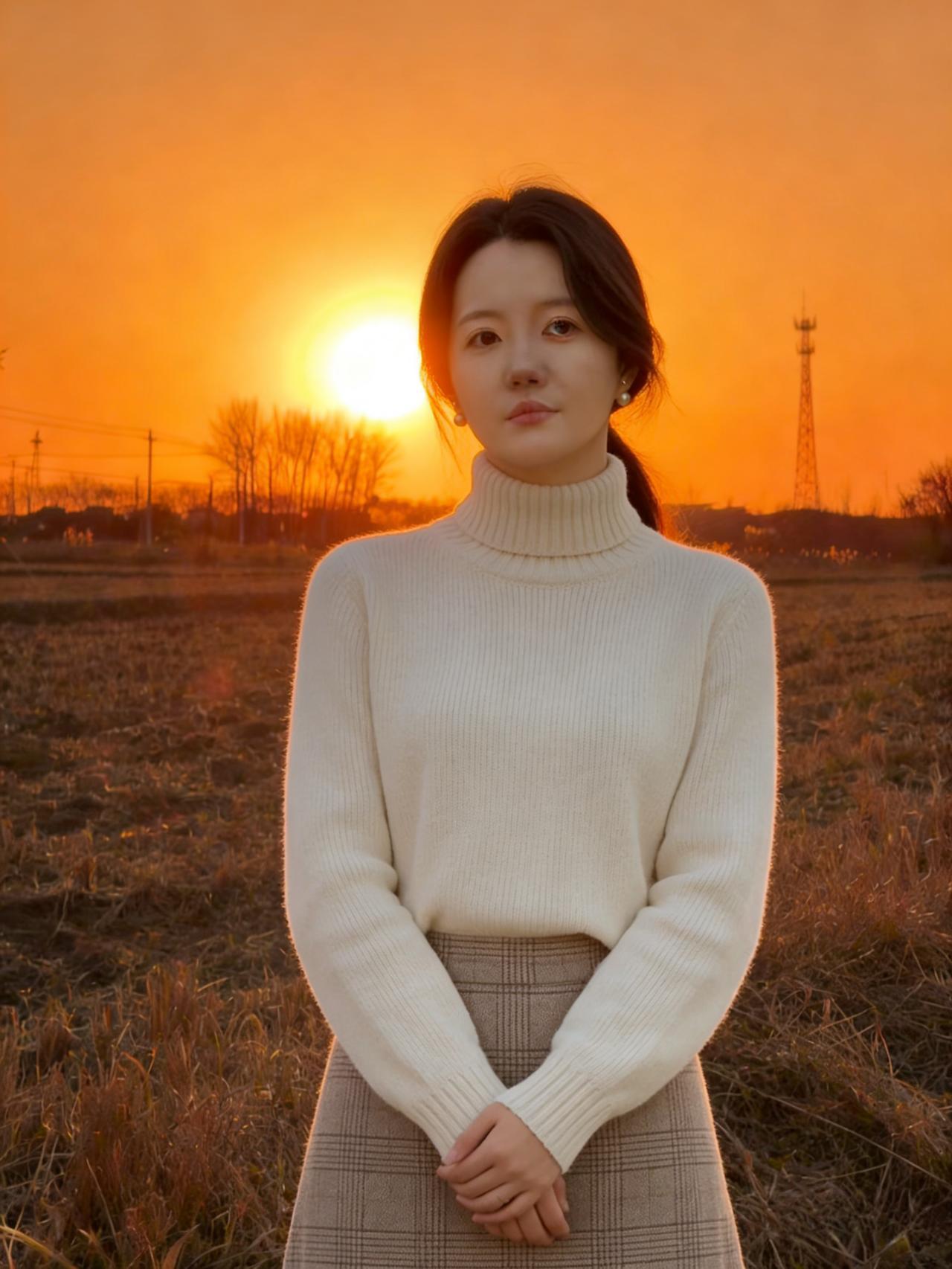 落日熔金覆远畴，佳人独立野塘头。素衫漫染霞千缕，长发斜垂水一沤。遥塔孤悬凝暮