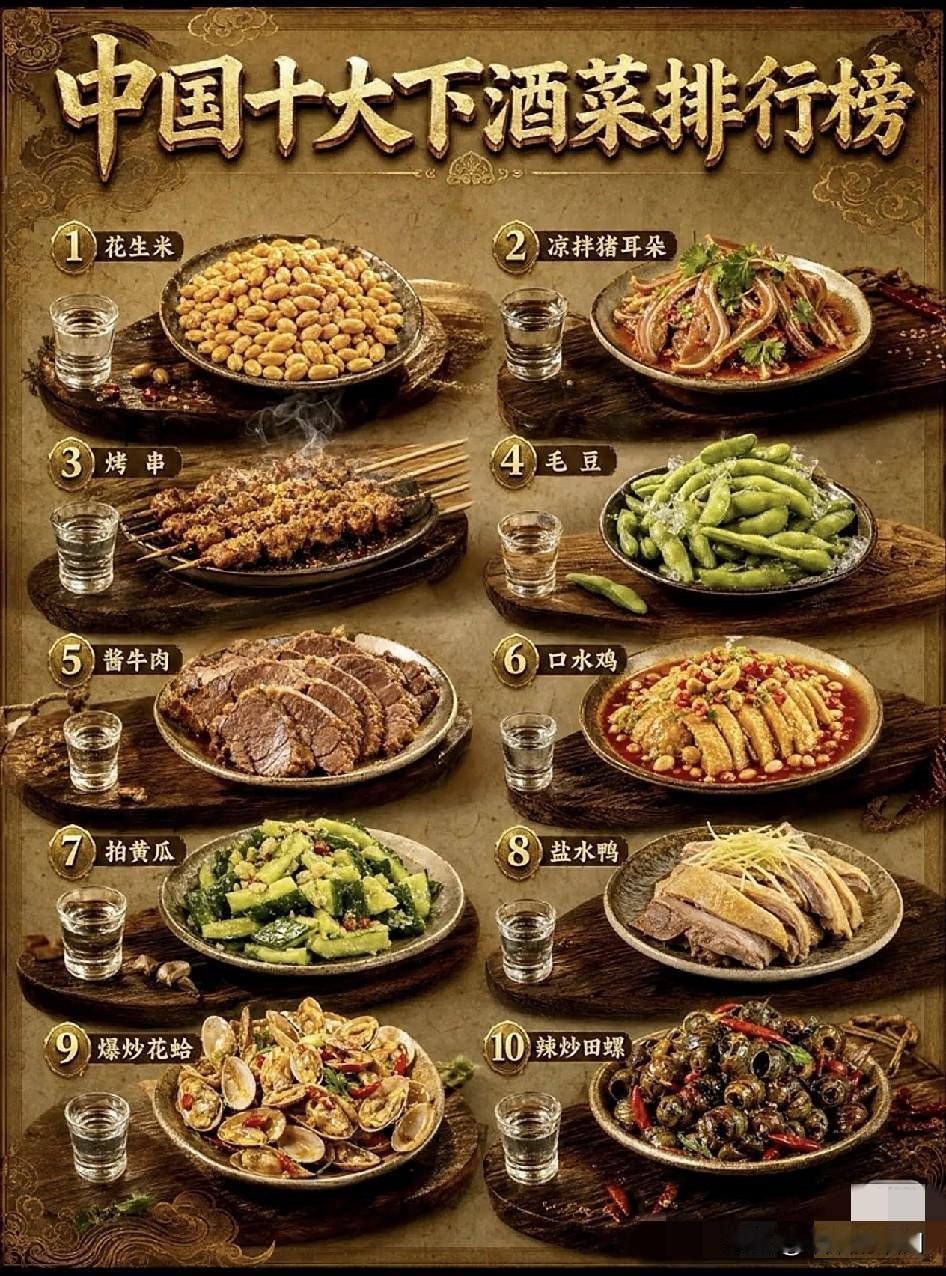 中国十大下酒菜！哪个是你心中的下酒菜？1、油炸花生米。南北通用，嚼一粒下一口