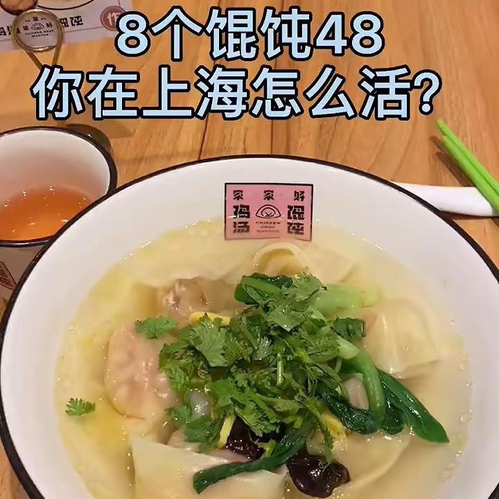 8个馄饨48元，上海的物价高的离谱啊，一般人根本消费不起，算下来一只馄饨要6元钱