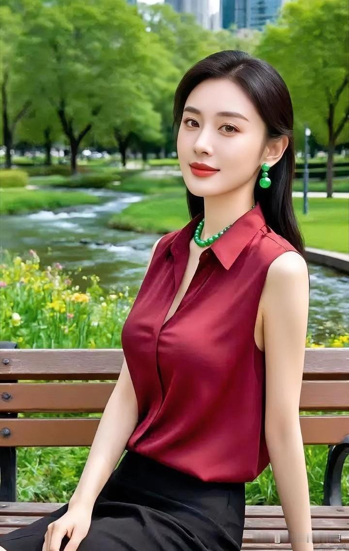 【现代散文诗】红衫凝翠，静坐绿荫水畔。耳畔珠明，眸底波柔，都市喧嚣化清风。一