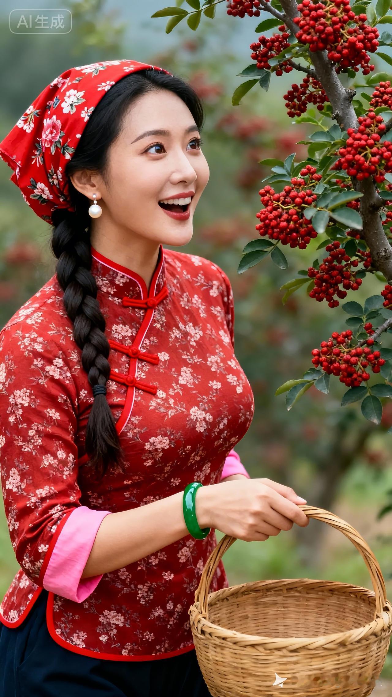 红衣少女采摘红果，笑语盈盈，春意盎然。