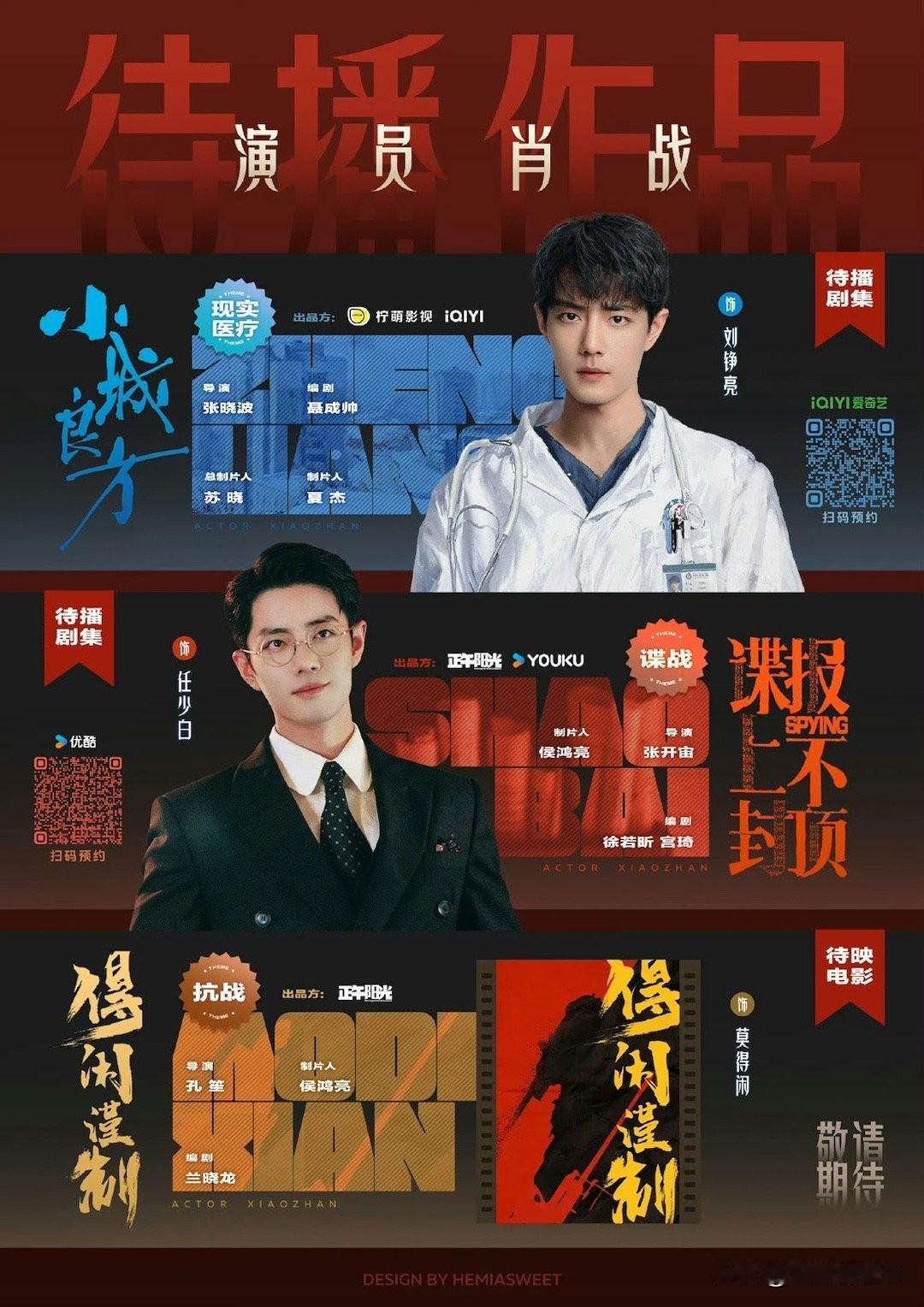 肖战的待播电影和电视剧题材角色差异很大哦，一部现实题材医疗剧，一部谍战剧，一部小