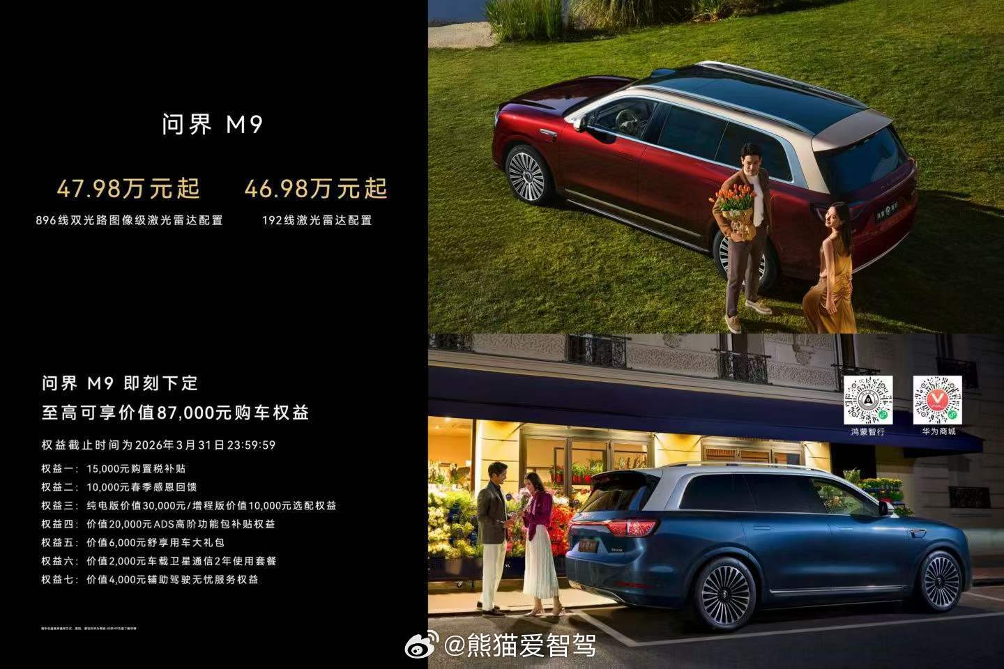 问界M9896线激光雷达版本47.98万元，192线激光雷达版本46.98万元