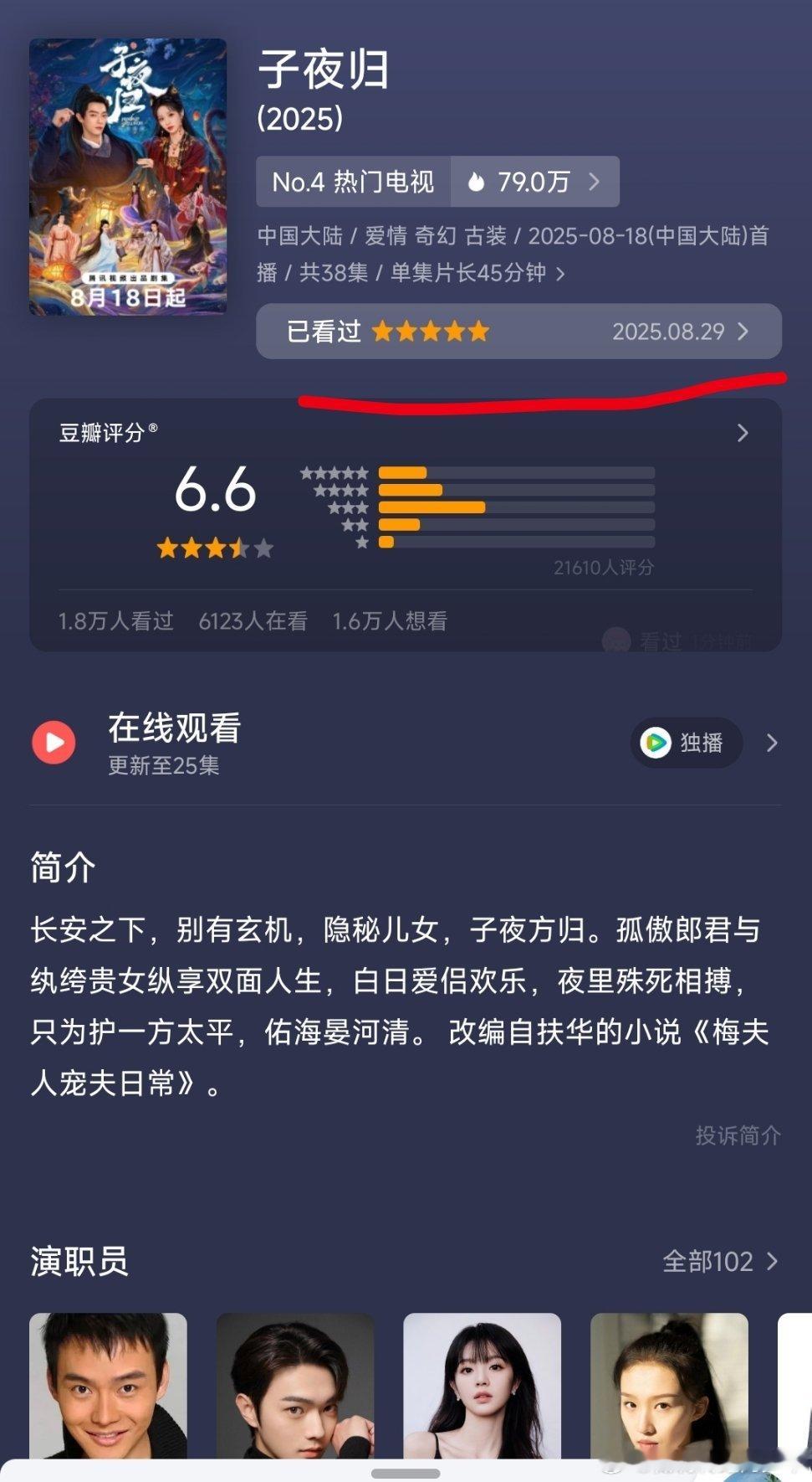 子夜归豆瓣开分6.6，许凯这剧状态演技都超棒的，绝对可以更高分！我觉得值五星，就