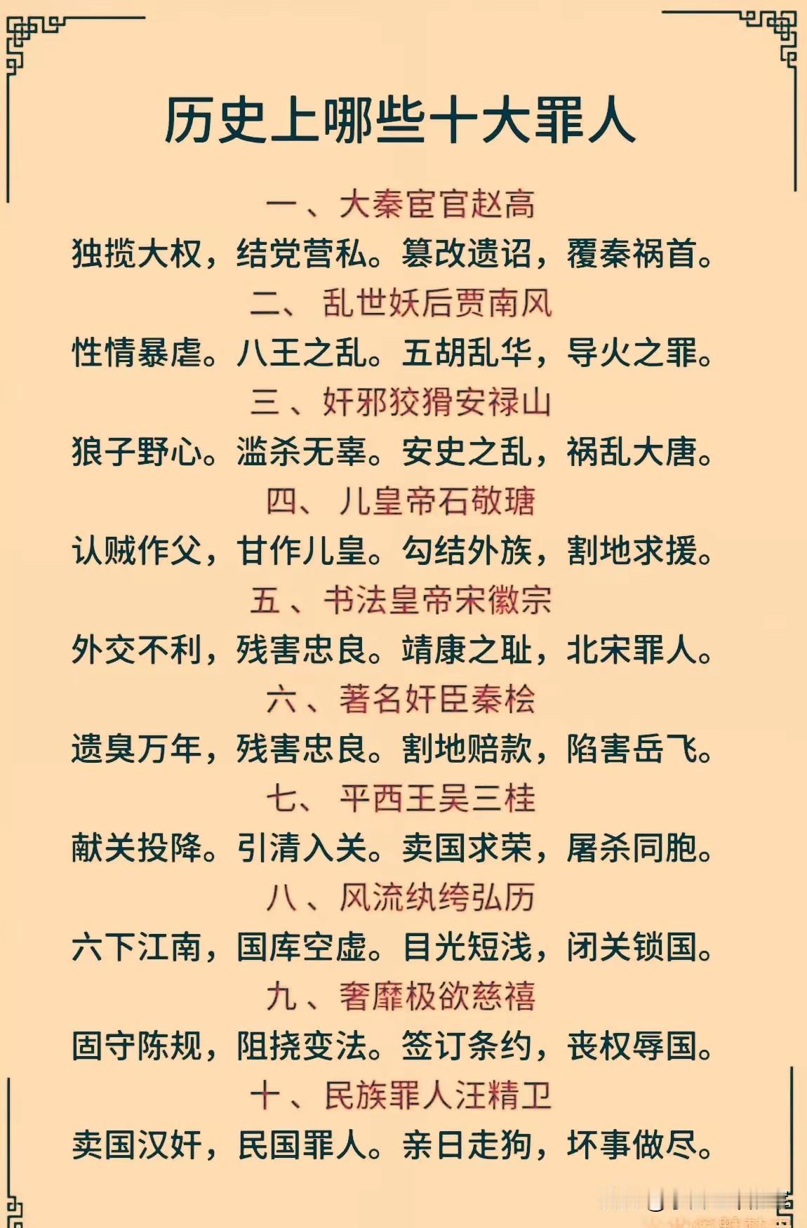 历史上臭名昭著的十大罪人，每一位都留下千古骂名这些人因一己私欲，或祸乱朝纲，