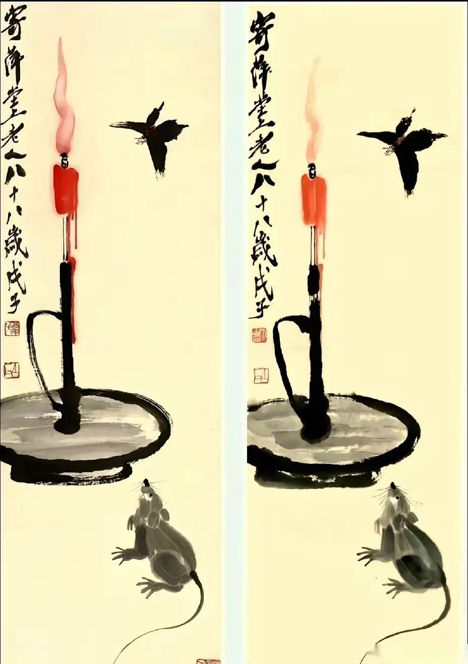 两幅画摆在一起，几乎难辨真伪。一幅是齐白石真迹，价值千金；另一幅是高手高仿，