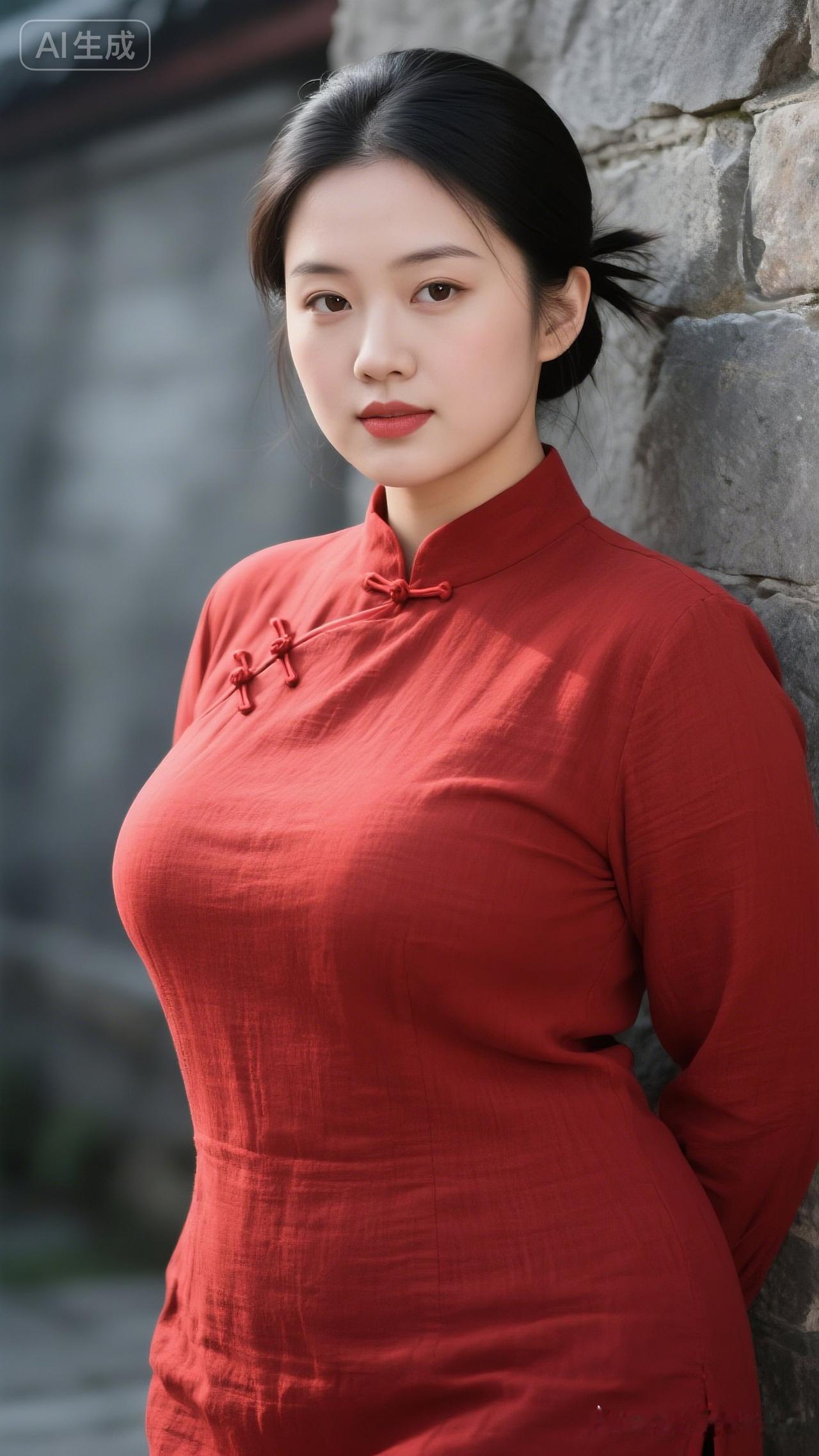 红衣美人倚石墙，古风韵味扑面来