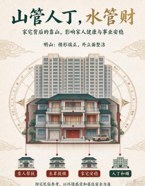 风水古训：山管人丁水管财。家宅背后的靠山格局，关乎一家人的健康与人丁气运。城市之中少有山野真山，住宅