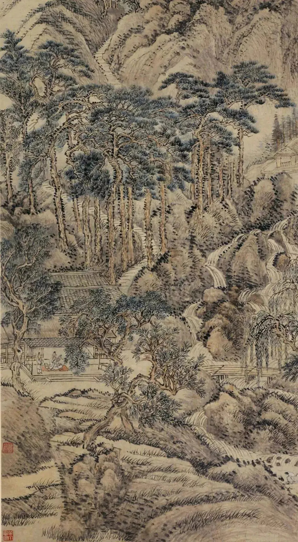 王翚《松壑隐居》，185.5×75.5cm，款识：老来自觉笔头迂，写画如同写隶