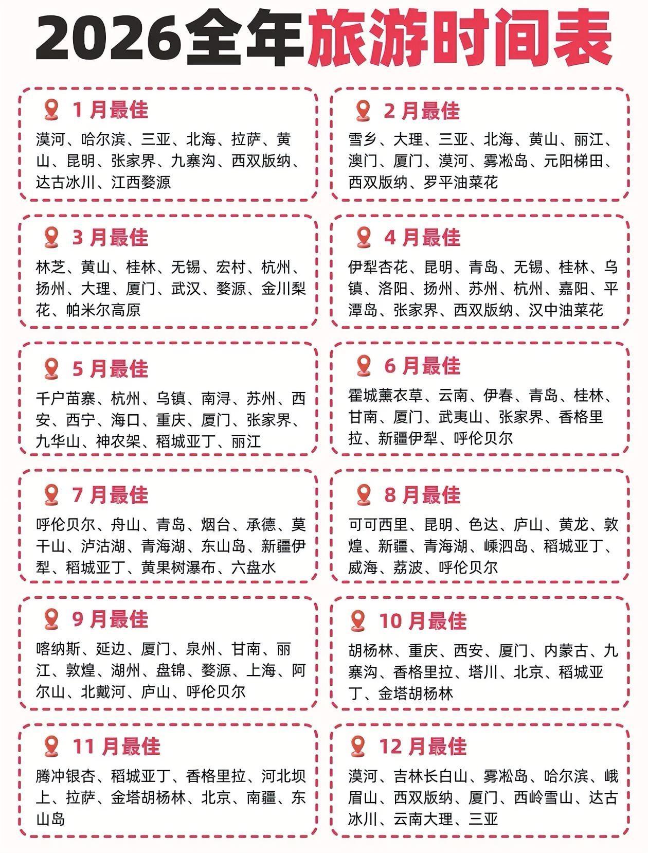 2026年全国旅游时间表🌸🌴🍂🍁