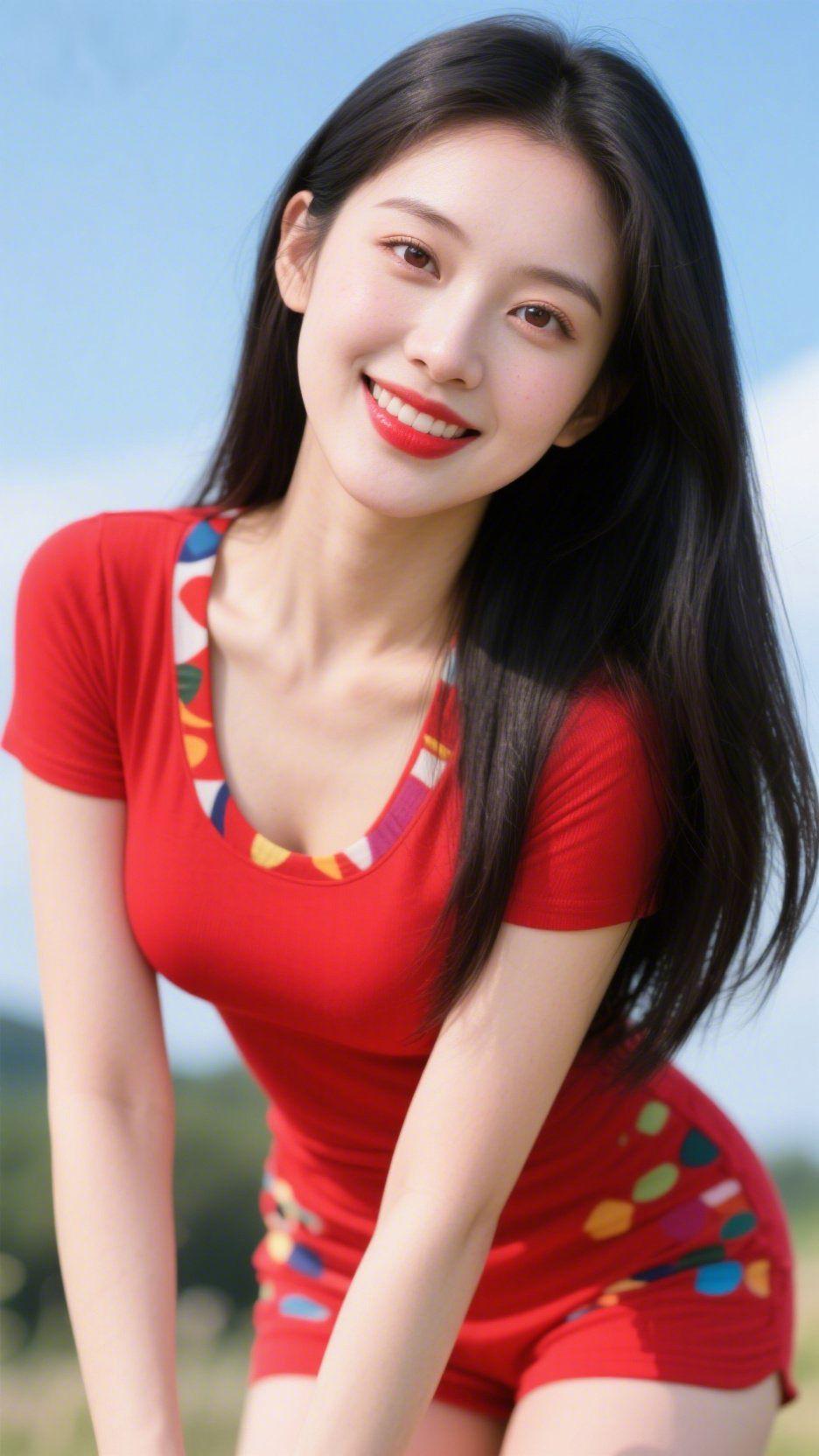 晴光里的红衫柔澄澈蓝天作底时，她像把夏的鲜活揉进了风里——艳红衣装裹着软润