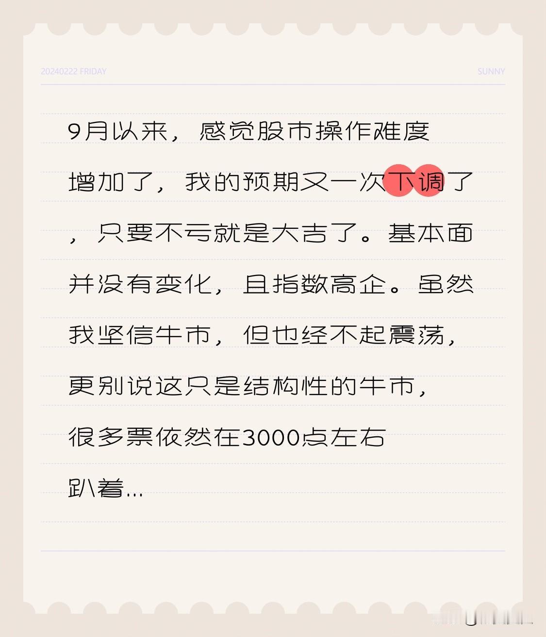 9月以来，感觉股市操作难度增加了，我的预期又一次下调了，只要不亏就是大吉了。基本