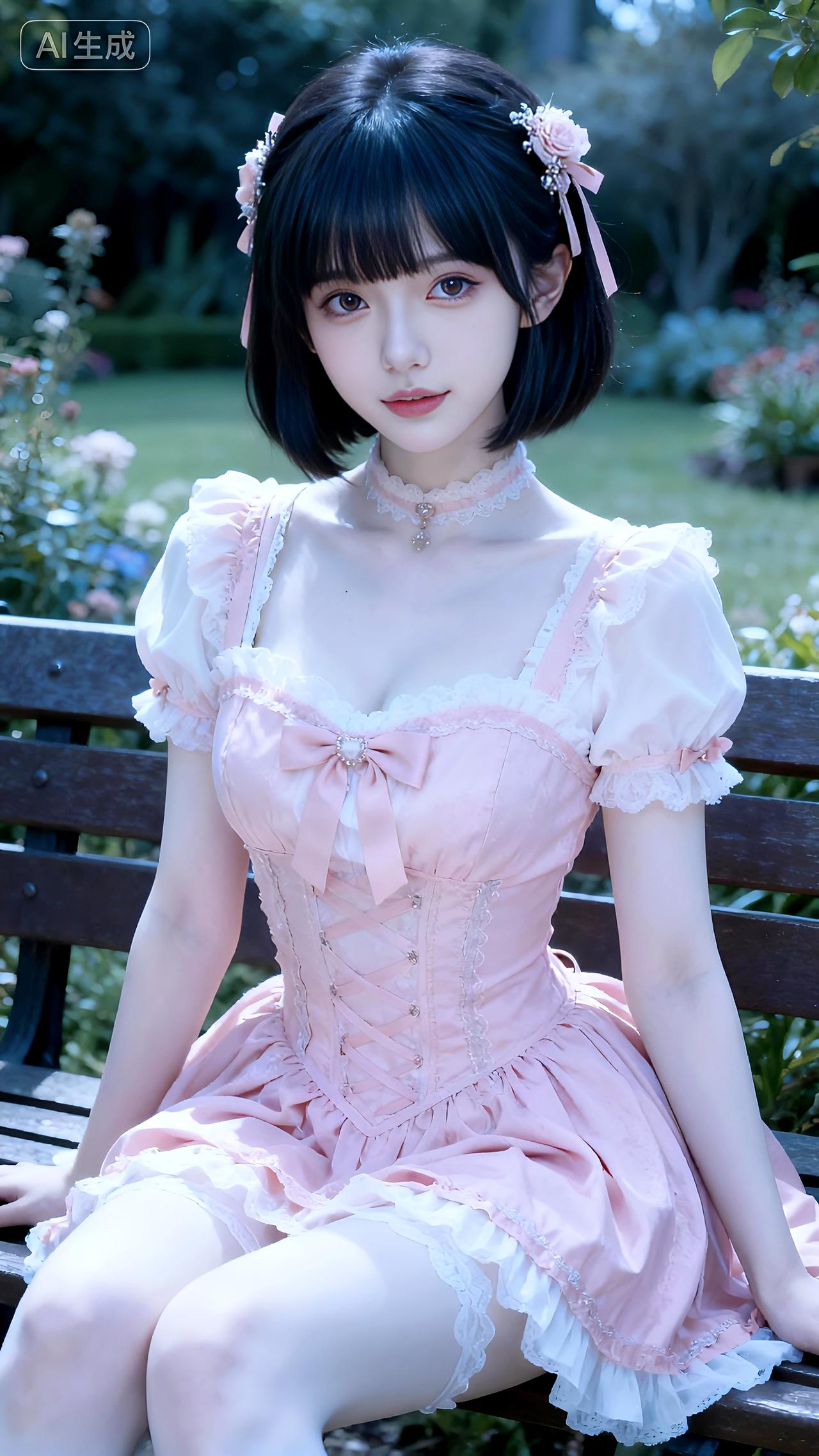 坐在花园里的洋娃娃，这粉色裙子太出片啦。
