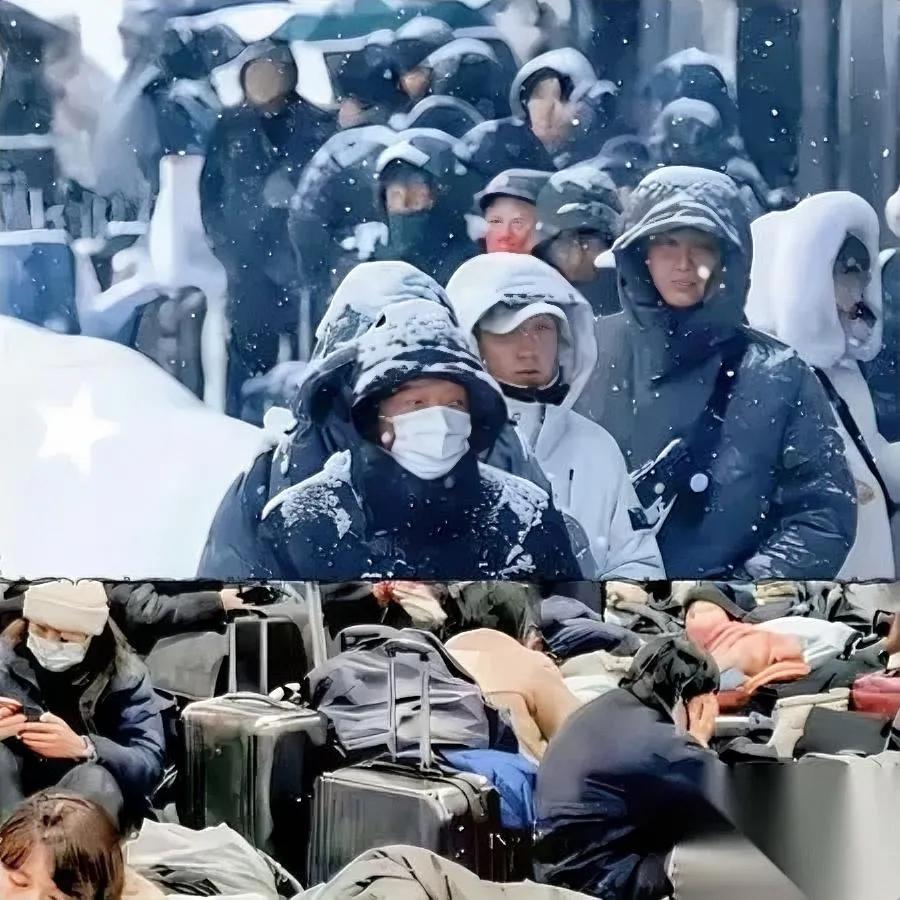 刷到北海道机场的视频——差点没绷住。一群人裹着外套躺硬地板上，缩成一团连
