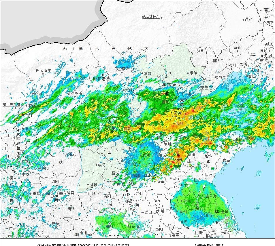 随着雨带逐步南压，今晚华北黄淮地区的雨势快速增强，山西中部、河北中部、山东中部地