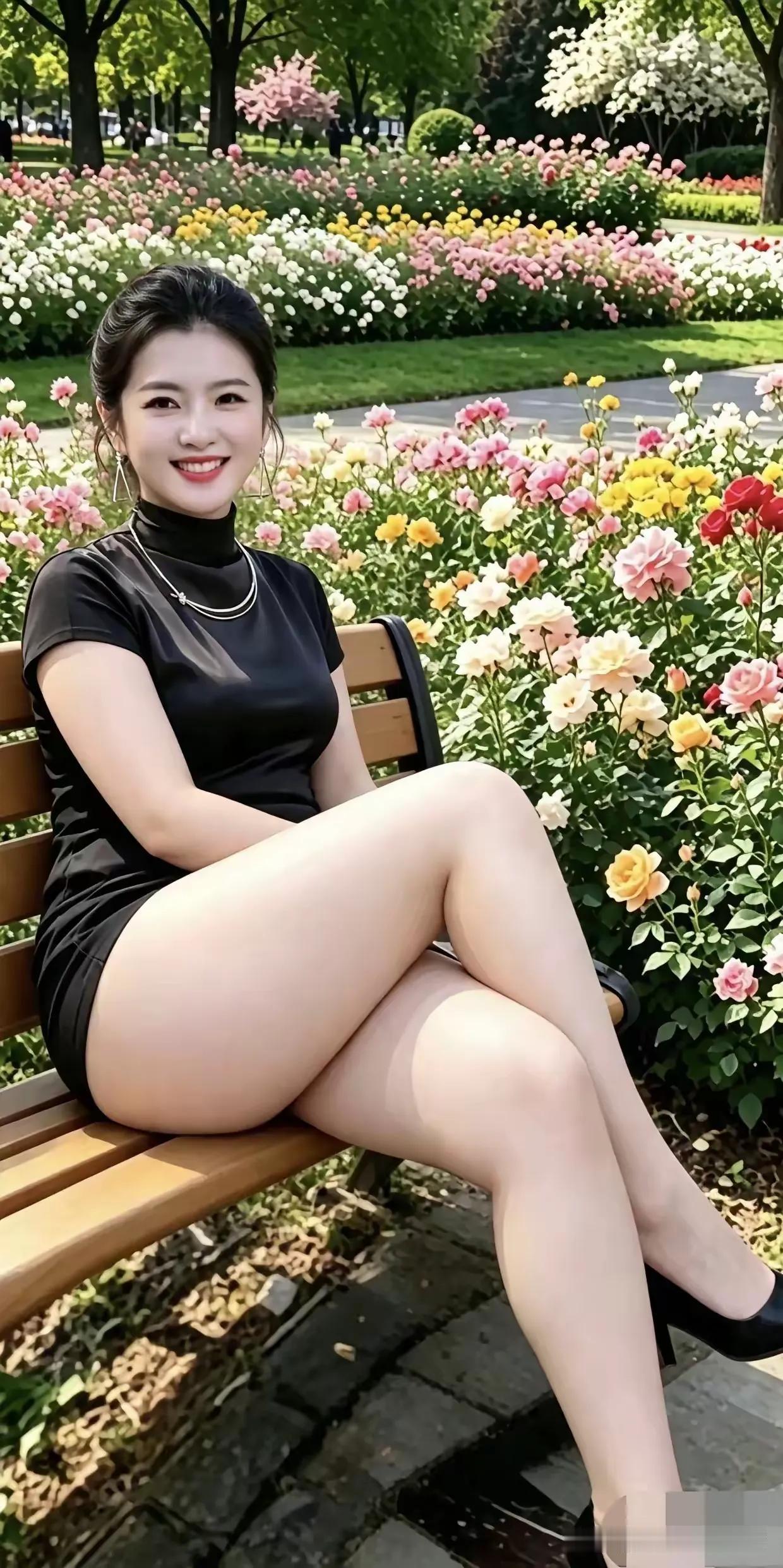 繁花烂漫映秋色，静坐长椅望池泽。浅笑微风添雅意，满园芳香伴佳人。
