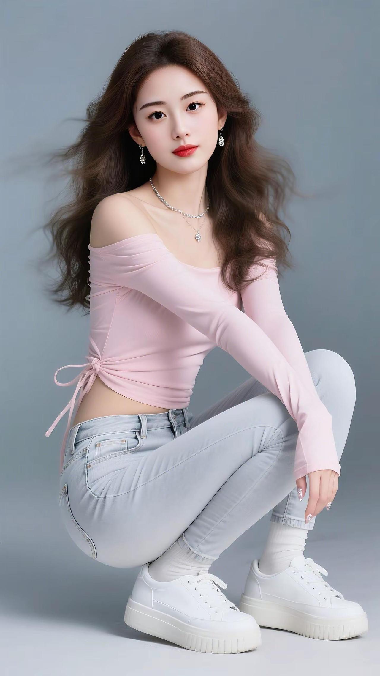 粉粉的露肩上衣+浅蓝牛仔裤，清爽又温柔💗头发随便吹了点弧度，感觉自带氛围感~