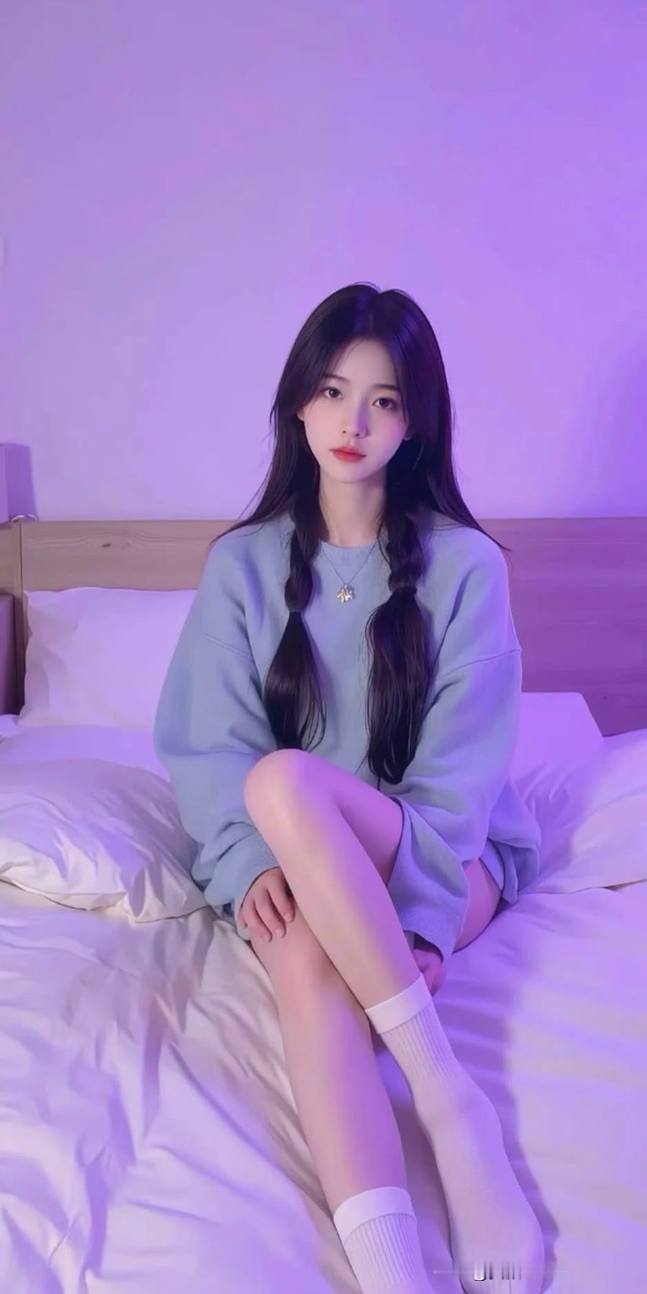 少女心爆棚的紫色灯光下，甜美可爱的少女坐在床上，让人忍不住心动！💖✨漂亮小姐姐