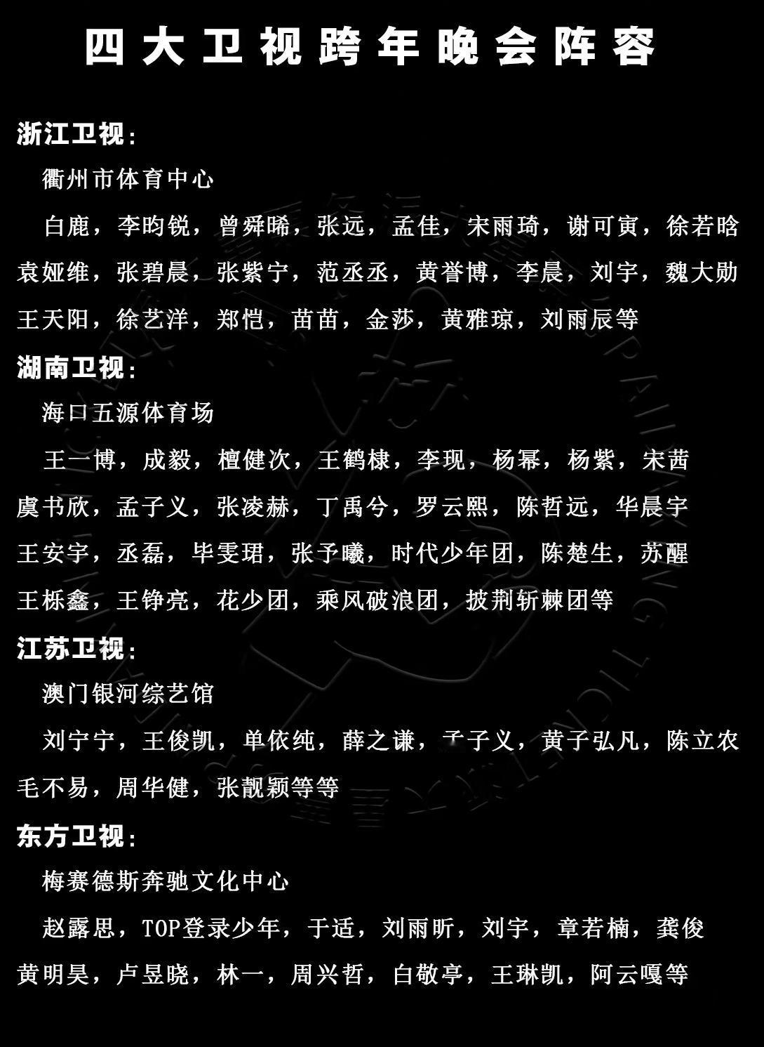 四大卫视跨年晚会阵容，你会看哪一家？粗粗看了下，发现两个特点：1、也就江苏卫
