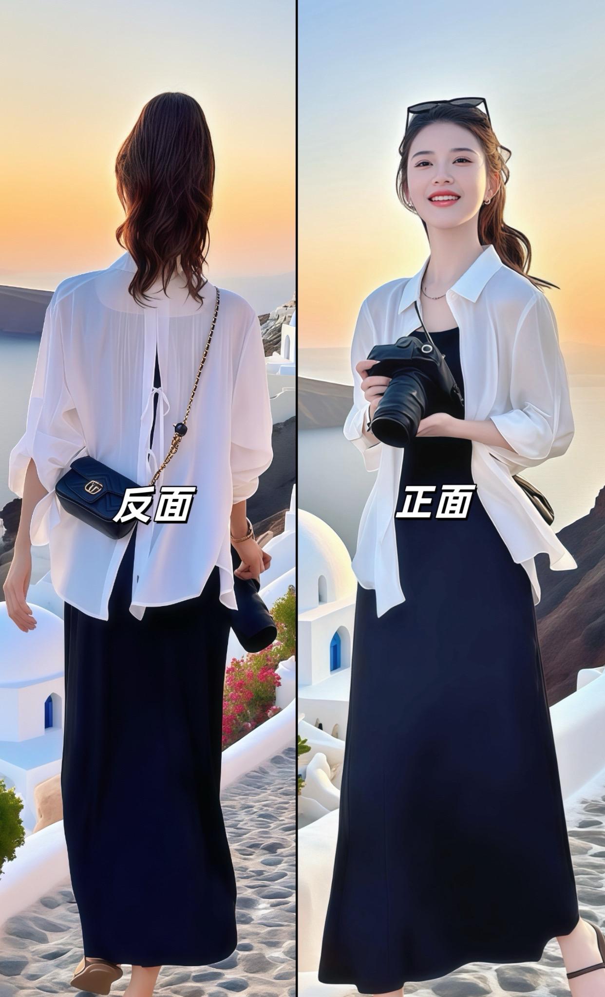 夏季刚需防晒衬衫+黑裙套装来咯✨。轻薄防晒衫自带绑带小心机，后背镂空设...