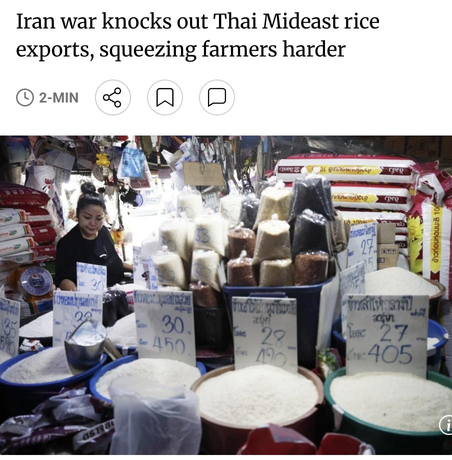 外媒：伊朗战争导致泰国对中东的大米出口全面停摆，进一步挤压本已陷入困境的农民。