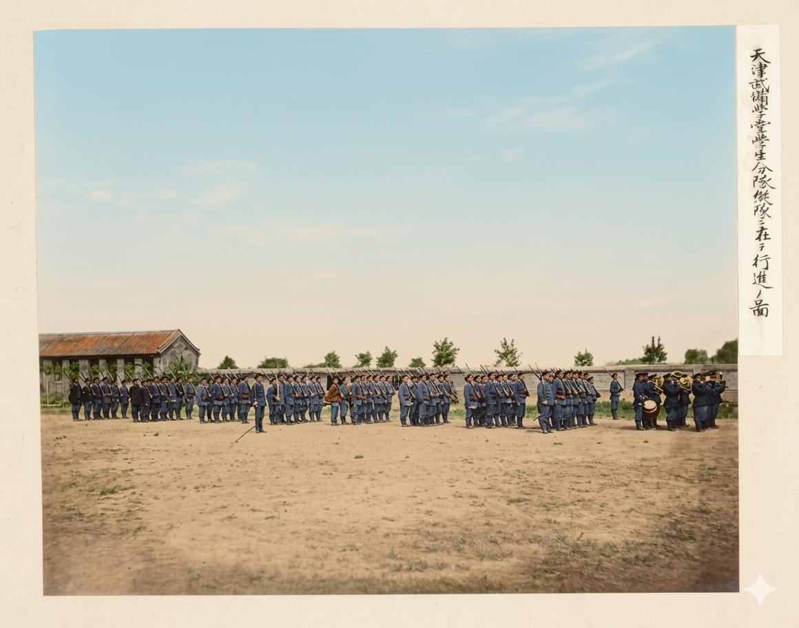 清末，天津武备学堂的学生正在校场行进，学堂学生身着西式军装、肩扛步枪，排成整齐的