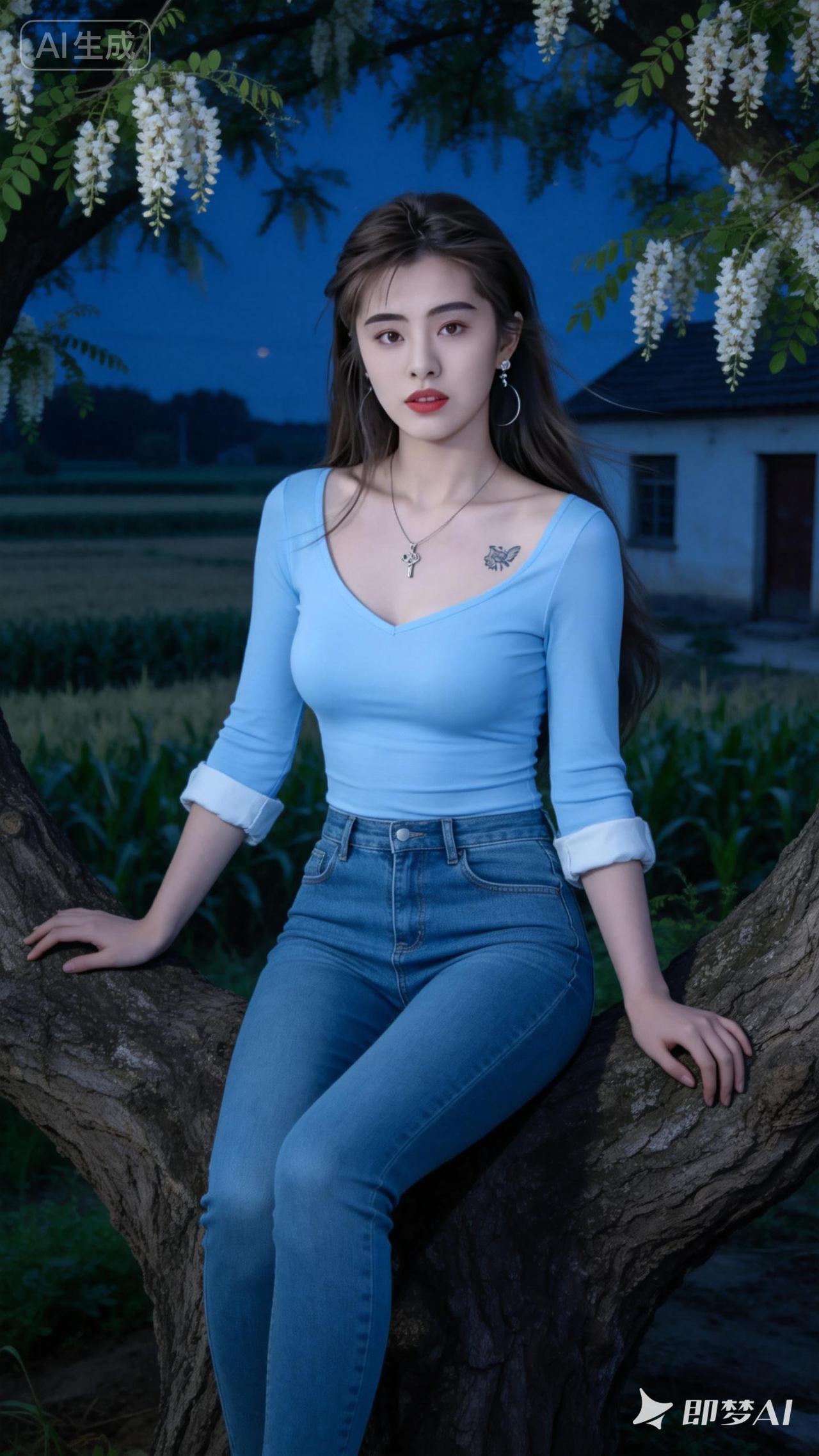 夜幕下的蓝调少女，静坐树梢，梦回故乡