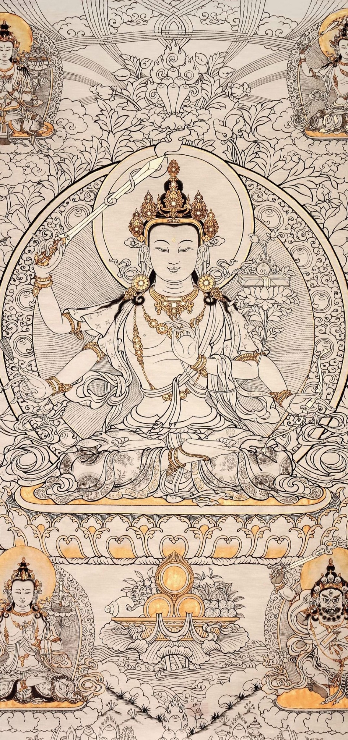 文殊菩萨，大悲尊以极遍智光明，尽除我心愚痴诸黑暗，契经及论教典悉证得，愿赐智慧辩