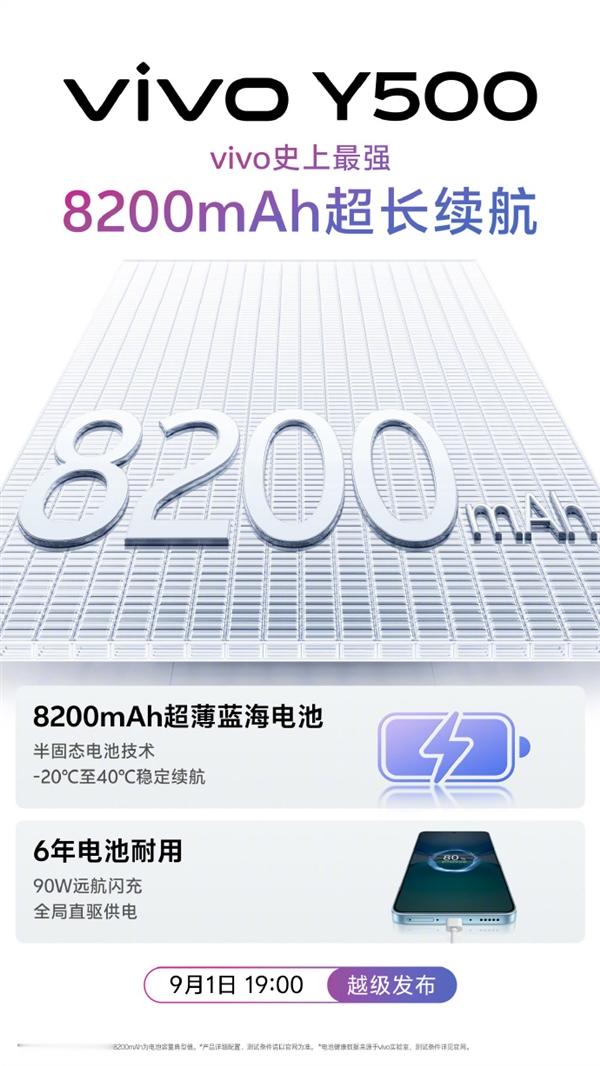 vivoY500将于9月1日19:00正式发布，新机首发搭载8200mAh超薄