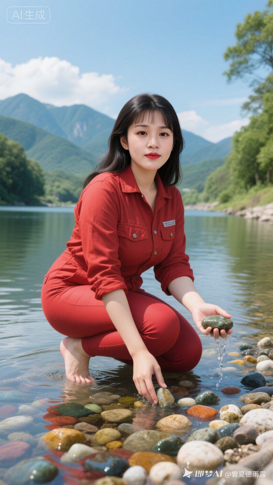 在山间清澈的溪流旁，红衣少女与大自然亲密接触，感受自然的美好与宁静。
