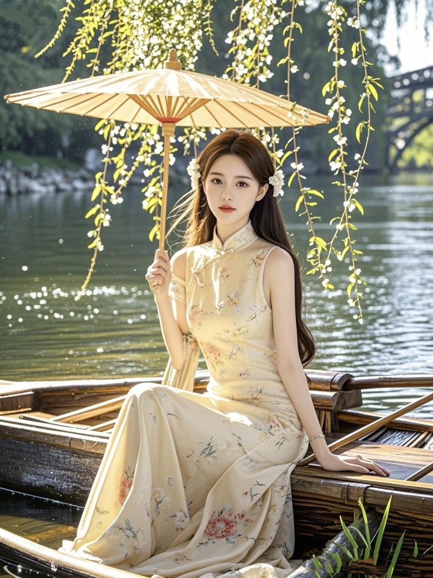 《春舟旗袍赋》柳丝垂作碧帘，白花缀满晴川你执一柄油纸伞，轻拢半幅春烟杏