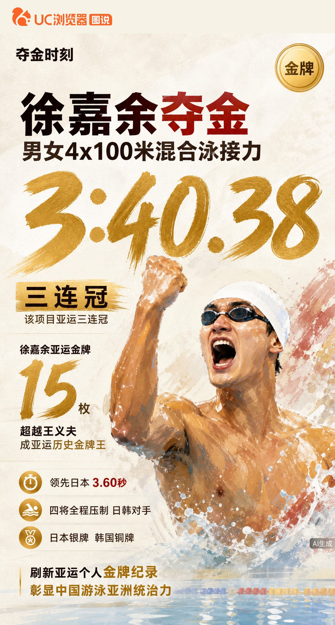 15金！徐嘉余超越王义夫成亚运历史金牌王，率队3分40秒38夺男女混接金牌，领先日本3.6秒实现三连