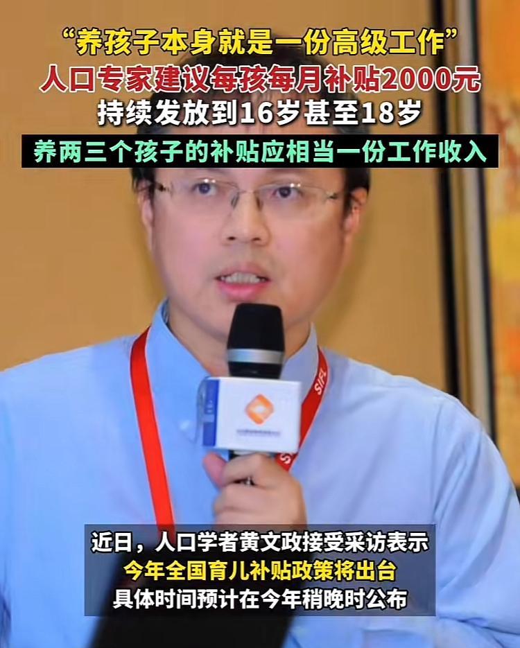 近日，人口学家黄文政指出，全国育儿补贴即将出台，并认为养孩子本该是一份高级工作，