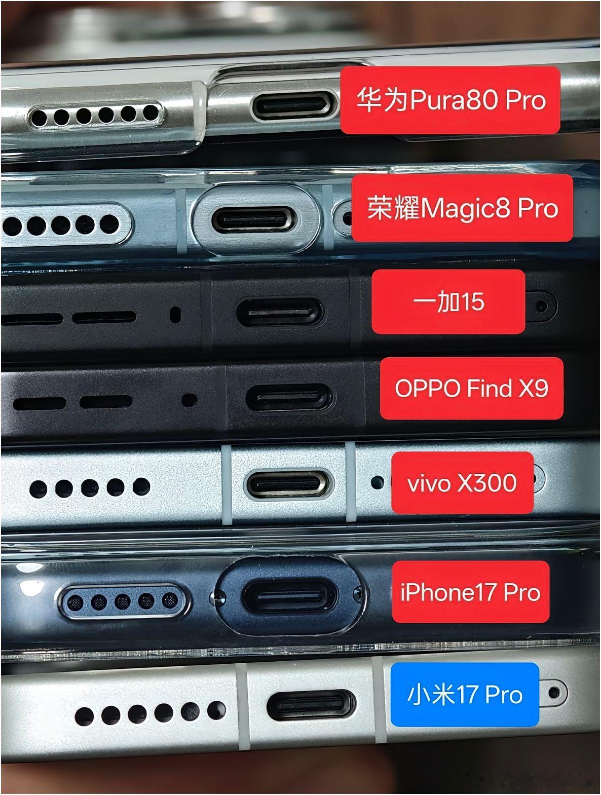 各旗舰机型充电口设计，有一些有注塑口，有一些没有……​​​