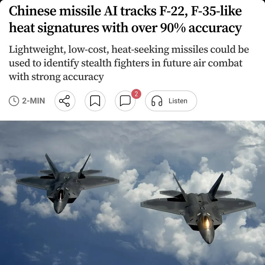 外媒：老中开发了一种先进的AI算法使得红外空空导弹探测F-22、F-35热信号准